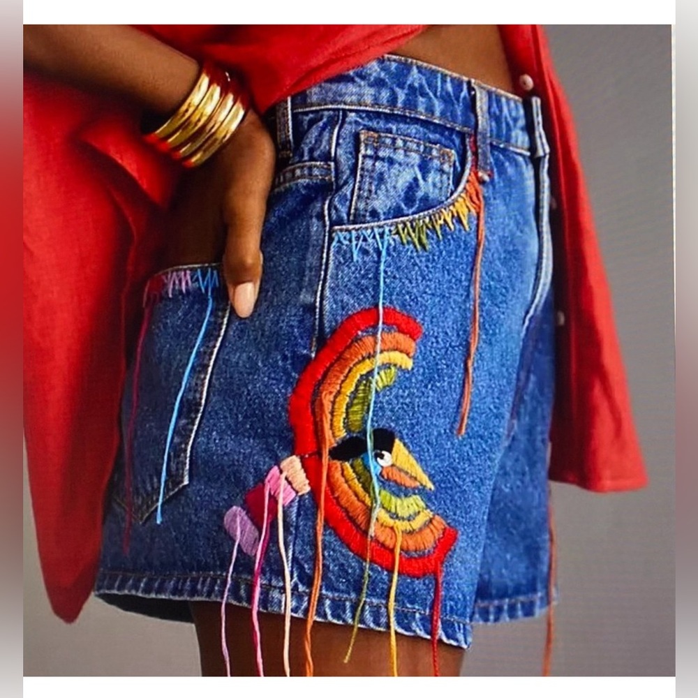 Farm Rio Colorful birds embroidered denim shorts, M, NWT